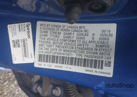 2019 Honda Civic Sport из США, поврежденный, VIN 2HGFC2F84KH575471